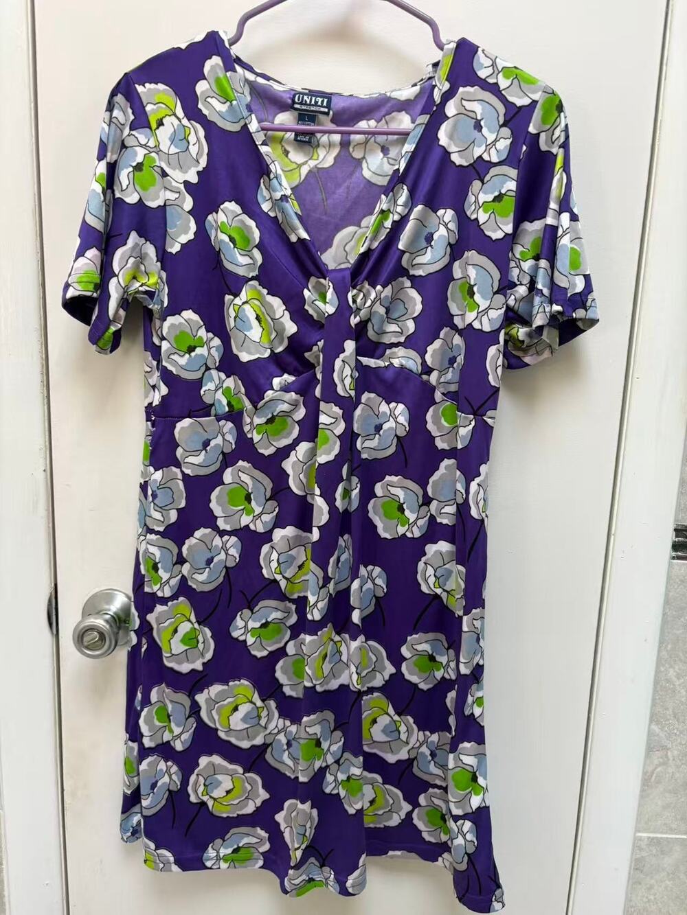 UNITI Womens Stretch Purple Floral Dress L V-Neck Knot Front Retro Short Sleeve
